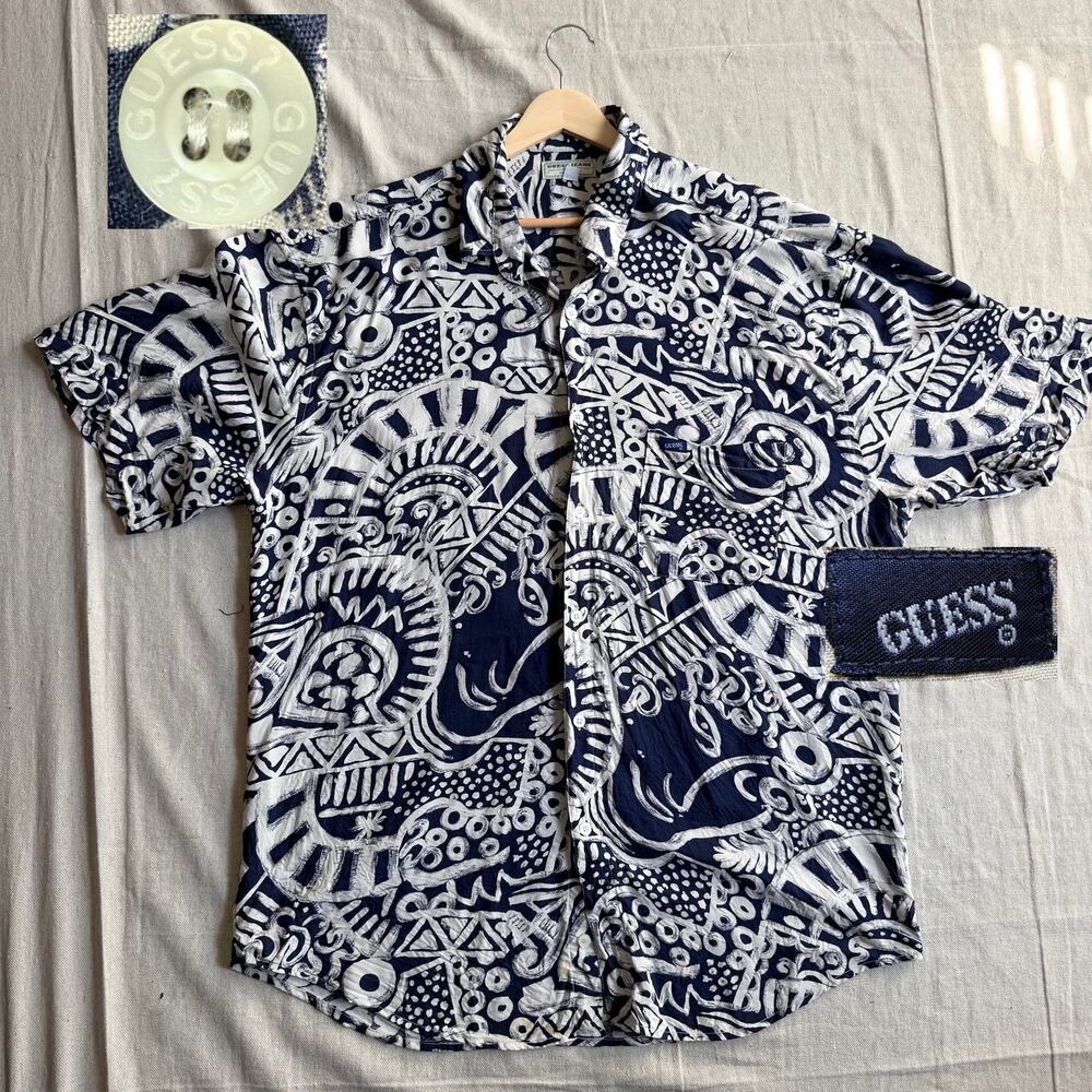 Vintage Guess Shirt Men's XL Short Sleeve Button Up Camp 100% Rayon Tribal 90's